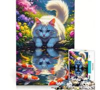 Puzzle per adulti da 1000 pezzi con gatto e koi riflessi in uno stagno, gioco educativo, rilassante e stimolante per la mente, ideale come regalo di compleanno o per occasioni speciali 50x75cm