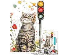 Puzzle per adulti da 1000 pezzi con gatto e semaforo ad acquerello impegnativo da completare giocattolo educativo fai-da-te per ragazzi dai 14 anni in su (38x26cm)
