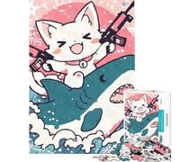Puzzle per adulti da 1000 pezzi con gatto Kawaii che cavalca uno squalo con pistole gioco educativo sfida gioco rilassante attività per famiglie regalo di compleanno (dimensioni 38x26cm)