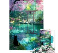 Puzzle per adulti da 1000 pezzi con gatto nero al santuario e laghetto di ciliegi in fiore Puzzle per adulti giocattolo decorativo da parete compleanno e Natale (dimensioni 38x26cm)