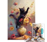 Puzzle per adulti da 1000 pezzi con gatto nero che salta tra i fiori Puzzle da 1000 pezzi per la decorazione della casa giocattolo regalo di compleanno (50x75cm)