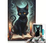 Puzzle per adulti da 1000 pezzi con gatto nero di Halloween e libro degli incantesimi, gioco impossibile, migliora la memoria, con pezzi a incastro di forma casuale 38x52cm