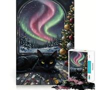 Puzzle per adulti da 1000 pezzi con gatto nero,dipinto di Aurora Boreale natalizia,taglio preciso,divertente gioco per la mente,regalo,relax,divertimento,decorazione natalizia da parete (50x75cm)
