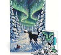 Puzzle per adulti da 1000 pezzi con gatto nero e aurora boreale invernale Gioco pratico, divertente e spiritoso, ideale come decorazione da scrivania 38x26cm