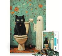 Puzzle per adulti da 1000 pezzi con gatto nero e fantasma in bagno,design Premium Edge Art Logic Puzzle,gioco per il tempo libero,divertimento natalizio,decorazione artistica (50x75cm)