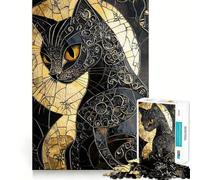 Puzzle per adulti da 1000 pezzi con gatto nero e vetrata artistica dai tagli netti,gioco divertente per la concentrazione,momento di relax,regalo di Natale 50x75cm
