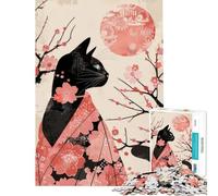 Puzzle per adulti da 1000 pezzi con gatto nero in kimono tra i fiori di ciliegio difficile e stimolante regalo per donne giocattolo decorativo da parete per maggiori di 14 anni (38x26cm)