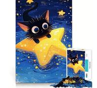 Puzzle per adulti da 1000 pezzi con gatto nero su una stella,disegno dai tagli netti,gioco divertente per la concentrazione,momento di relax,regalo di Natale 38x52cm
