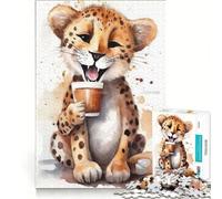 Puzzle per adulti da 1000 pezzi con ghepardo all'ora del caffè, decorazione da parete, passatempo per le vacanze a casa, gioco dal design accattivante 38x26cm