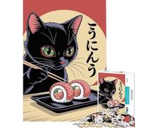 Puzzle per adulti da 1000 pezzi con illustrazione di un gatto nero che mangia sushi Gioco rompicapo che stimola l'intelligenza Giocattolo avvincente Ottimo regalo Un'opera d'arte (dimensioni 38x26cm)