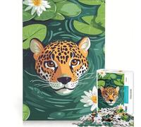 Puzzle per adulti da 1000 pezzi con illustrazione di un giaguaro in uno stagno di ninfee gioco pratico ideale per passare il tempo durante le vacanze a casa con poster e foglio di curiosità abbinati