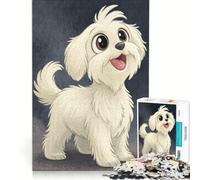 Puzzle per adulti da 1000 pezzi con illustrazione di un simpatico cane bianco in stile cartone animato, giocattolo fai-da-te, divertente antistress, con poster e foglio di curiosità abbinati 38x26cm