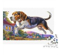 Puzzle per adulti da 1000 pezzi con immagine di un beagle che salta sopra un ruscello, in cartone riciclato al 100%. Dimensioni: 70x50 cm. Ideale per lo sviluppo cognitivo di adulti e bambini.