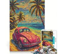 Puzzle per adulti da 1000 pezzi con immagine di un'auto d'epoca su una spiaggia tropicale ideale per giochi in famiglia e antistress con poster e foglio di curiosità abbinati 38x26cm