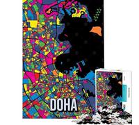 Puzzle per adulti da 1000 pezzi con mappa di Doha Qatar in stile Pop Art ideale per rilassarsi imparare giocare imparare fare regali di compleanno o semplicemente per alleviare lo stress (38x52cm)