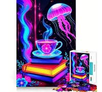 Puzzle per adulti da 1000 pezzi con meduse e tazza da tè al neon, rompicapo, evasione rilassante, assemblaggio, regalo di Babbo Natale (50x75cm)