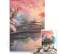 Puzzle per adulti da 1000 pezzi con motivo a case e ponti in stile asiatico e ciliegie, gioco rilassante, decorazione perfetta, compleanno e Natale 50x75cm