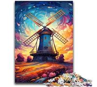 Puzzle per adulti da 1000 pezzi con mulini a vento colorati, per ammazzare il tempo durante le vacanze, con poster abbinato e foglio di quiz (75x50cm)