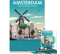 Puzzle per adulti da 1000 pezzi con mulino a vento di Amsterdam,tema viaggio,design pulito e adatto,decorazione,sfida mentale,gioco rilassante,regalo di compleanno,arte (38x26cm)