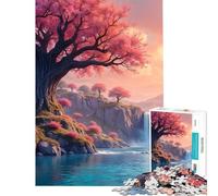 Puzzle per adulti da 1000 pezzi con paesaggio di alberi in fiore rosa e cascata Gioco di logica e analisi per adulti ideale come decorazione murale compleanno e Natale (50x75cm)