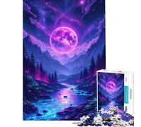 Puzzle per adulti da 1000 pezzi con paesaggio montano e fluviale illuminato dalla luna al neon Aiuta ad allenare la mente e a sviluppare la precisione Gioco per famiglie dai 14 anni in su (50x75cm)