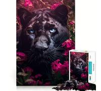 Puzzle per adulti da 1000 pezzi con pantera nera e fiori rosa,disegno dai tagli netti,gioco divertente per la concentrazione,momento di relax,regalo di Natale 38x26cm