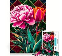 Puzzle per adulti da 1000 pezzi con peonie e tulipani in una vetrata radiosa, un gioco per allenare la mente, un'attività rilassante e creativa (50x75cm)
