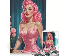 Puzzle per adulti da 1000 pezzi con pin-up dai capelli rosa e vestito rosa giocattolo fai-da-te interazione genitore-figlio compleanno e Natale 38x52cm