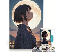 Puzzle per adulti da 1000 pezzi con ragazza anime che guarda la luna, gioco rompicapo, per divertimento in famiglia, per rafforzare l'amore tra le coppie 38x52cm