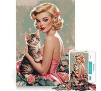 Puzzle per adulti da 1000 pezzi con ragazza bionda pin-up e gattino carino Gioco dai bordi puliti,giocattolo di costruzione che favorisce la concentrazione,divertimento a ritmo lento,regalo di Natale