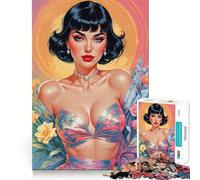 Puzzle per adulti da 1000 pezzi con ragazza pin-up bruna e fiori,bordi sottili,gioco divertente e rilassante,regalo di compleanno (50x75cm)