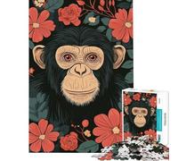 Puzzle per adulti da 1000 pezzi con ritratto di scimpanzé su sfondo floreale Sfida educativa corsa a tempo gioco impossibile per maggiori di 14 anni (50x75cm)