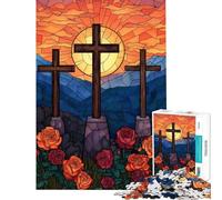 Puzzle per adulti da 1000 pezzi con tre croci e rose effetto vetrata gioco per famiglie un'opera d'arte un regalo perfetto per gli amanti dei videogiochi (dimensioni 50x75cm)