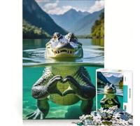 Puzzle per adulti da 1000 pezzi con un alligatore che forma un cuore nel lago, giochi rilassanti, attività per famiglie, collezione d'artista, belle arti 38x26cm