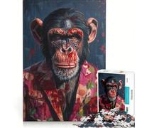 Puzzle per adulti da 1000 pezzi con un disegno di uno scimpanzé in abito floreale Un gioco pratico, divertente e spiritoso, perfetto anche come decorazione da scrivania 38x26cm