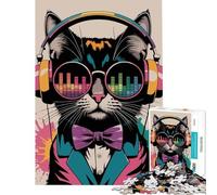 Puzzle per adulti da 1000 pezzi con un simpatico gatto con le cuffie gioco impossibile giocattolo educativo regalo di Babbo Natale segreto per divertimento in famiglia (dimensioni 38x52cm)