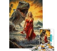Puzzle per adulti da 1000 pezzi con una bellissima ragazza e un dinosauro sulla spiaggia Puzzle divertente per adulti regalo per donne difficile e stimolante (dimensioni 38x52cm)