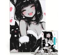 Puzzle per adulti da 1000 pezzi con una graziosa ragazza gatto anime e un gatto nero, gioco rilassante, antistress intellettuale, regalo di compleanno, regalo di viaggio 38x26cm