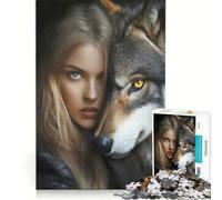 Puzzle per adulti da 1000 pezzi: Donna bionda e il suo lupo, gioco fai-da-te, migliora la memoria, ideale come regalo per tutta la famiglia 38x52cm