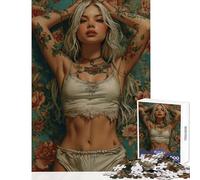 Puzzle per adulti da 1000 pezzi donna tatuata in un ambiente floreale giocattoli antistress regali di Babbo Natale segreto giochi rilassanti per compleanni e Natale dimensioni 50x75cm