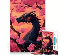Puzzle per adulti da 1000 pezzi Drago nero tra i ciliegi in fiore,disegno dai tagli netti,gioco divertente per la concentrazione,momento di relax,regalo di Natale divertente 38x26cm
