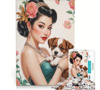 Puzzle per adulti da 1000 pezzi, elegante pin-up asiatica con cucciolo, gioco rilassante, difficile, lista dei desideri con Babbo Natale 38x52cm