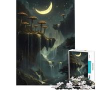 Puzzle per adulti da 1000 pezzi Funghi luminosi foresta e cascate sotto una luna crescente Gioco educativo giocattolo didattico ottimo regalo e giocattolo per tutta la famiglia