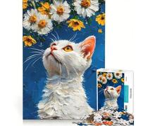 Puzzle per adulti da 1000 pezzi: Gatto bianco che guarda le margherite gioco rompicapo difficile ideale come regalo per tutta la famiglia 50x75cm