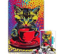 Puzzle per adulti da 1000 pezzi, gatto che beve caffè, sfida difficile contro lo stress, ideale come regalo per tutta la famiglia dai 14 anni in su, 38x26cm