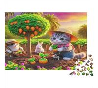 Puzzle per Adulti da 1000 Pezzi Gatto che Fa Giardinaggio con Coniglio Arance Carta Riciclata Gioco Divertente Sfidante