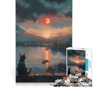 Puzzle per adulti da 1000 pezzi: Gatto che guarda il tramonto sul Giappone, gioco antistress, difficile e stimolante, bellissimo design 38x26cm