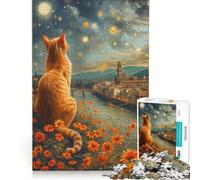 Puzzle per adulti da 1000 pezzi: Gatto che osserva il cielo notturno di Firenze, gioco rilassante, difficoltà elevata, con poster abbinato e foglio di curiosità 38x26cm