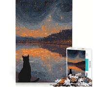 Puzzle per adulti da 1000 pezzi: Gatto che osserva una città sotto un cielo stellato, gioco pratico, rilassante e stimolante per la mente, ideale come decorazione da scrivania 50x75cm