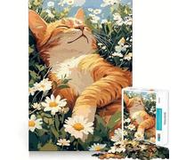 Puzzle per adulti da 1000 pezzi Gatto che sonnecchia in un campo di margherite,taglio perfetto,gioco divertente che mette alla prova la concentrazione,regalo gratuito,regalo di compleanno (38x52cm)